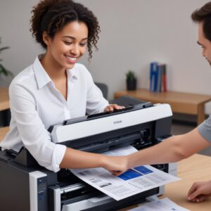 An Epson L3210 printer successfully printing a test page, with a happy person looking on, signifying the problem is resolved.
