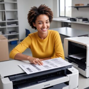 An Epson L3210 printer successfully printing a test page, with a happy user looking at the printed paper, symbolizing successful driver installation and troubleshooting.
