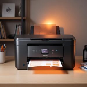An Epson L3210 printer with a prominent orange light blinking, surrounded by a subtle aura of user frustration and a