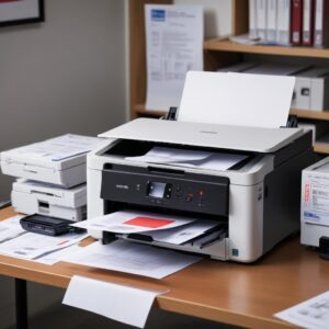 An Epson L3210 printer with a prominent red warning light blinking, looking frustrated. The background is a messy desk with documents and a laptop.