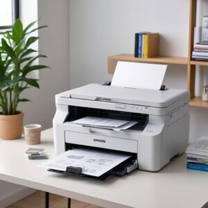 An Epson L3210 printer with a stack of perfectly aligned paper in its input tray, ready to print without any jam issues, in a clean, organized workspace.