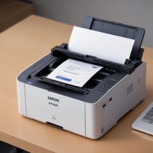 An Epson L3210 printer with flashing error lights, connected to a laptop showing a