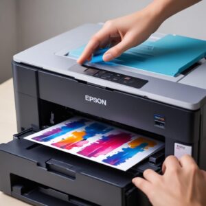An Epson L3210 printer with its ink tank opened, showing colored ink levels, with a hand carefully refilling one of the color tanks.