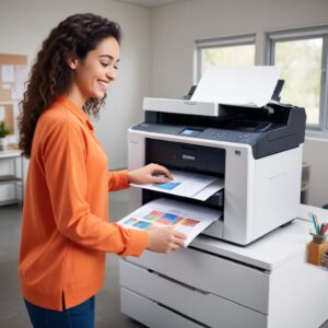 An Epson printer successfully printing a colorful document, with a smiling person looking at it. The scene conveys relief and success.