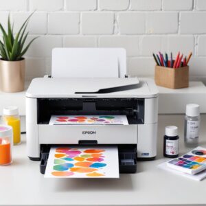 An aesthetically pleasing flat lay of an open Epson L3210 printer with colorful ink bottles neatly placed next to it, showcasing its EcoTank feature. The background is a clean white desk with some minimal office supplies.