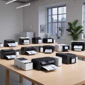 An array of different Epson EcoTank printer models (L8050, L8180, L3250) arranged neatly, showcasing their modern design and integrated ink tanks.