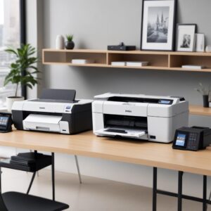 An array of different Epson printer models, showcasing their diversity: a compact L-series for home, a larger L1800 for A3+, and a professional SureColor P-series model, arranged on a clean, modern desk.