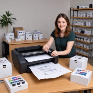 An energetic, smiling person happily unboxing a new Epson L3210 printer, surrounded by the printer box, cables, and ink bottles. The background is a clean, well-lit desk.
