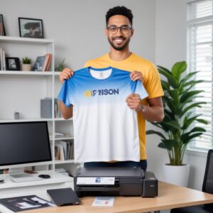 An entrepreneur proudly holding a freshly sublimated t-shirt, standing next to an Epson EcoTank printer in a bright, organized home office setting, with a laptop showing graphic design software.