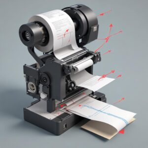 An exploded diagram of a printer's paper path highlighting the rollers, gears, and sensors involved in paper feeding, with an arrow pointing to a potential foreign object obstruction.