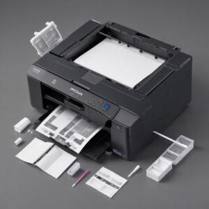An exploded view diagram of an Epson L3210 printer highlighting the location of the waste ink pad and showing cleaning tools like cotton swabs and cleaning solution next to it.