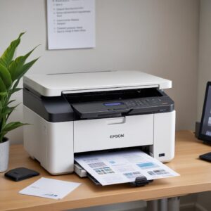 An eye-level shot of the Epson L3210 All-in-One printer sitting on a clean, modern desk in a home office setting, with a laptop open next to it, and a stack of printed papers visible. The printer's compact design is highlighted.