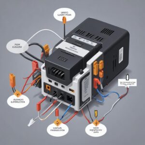An illustration depicting various printer components like power cables, adapter, and a generic power supply unit (PSU) with arrows indicating electrical flow or connection points.