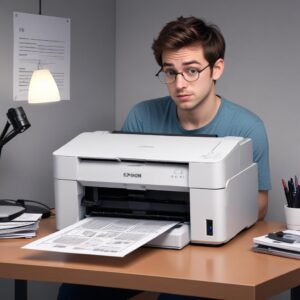 An illustration of a frustrated person looking at a blinking Epson L3210 printer with all lights on, in a modern, slightly cartoonish style.