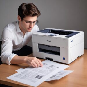 An illustration of a frustrated person looking at an Epson L3210 printer with two blinking lights (paper and ink indicators), while holding a document. The printer should be a recognizable Epson L3210 model.