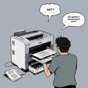 An illustration of a frustrated person looking at a non-functional Epson L3210 printer, with a thought bubble showing error messages and a question mark. The printer itself has a