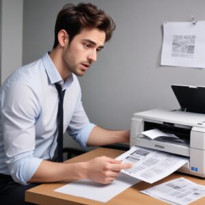 An illustration of a frustrated person looking at a half-printed document coming out of an Epson L3210 printer, with a confused or annoyed expression. The printer is on a desk next to a laptop.