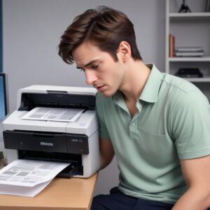 An illustration of a frustrated person looking at a blinking Epson L3210 printer with an error message on a computer screen. The mood is slightly humorous with a hint of relief in the background.