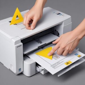 An illustration of a hand carefully pulling a jammed paper out of an Epson L3210 printer, with a yellow warning triangle icon.