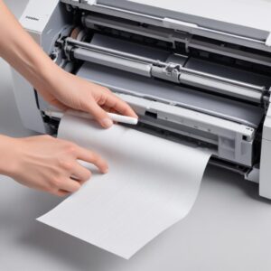 An illustration of a hand gently cleaning the paper roller inside an open Epson L3210 printer with a soft, slightly damp cloth or cotton swab. The internal mechanics are visible, showing the rubber rollers.