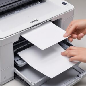 An illustration of a hand gently pulling a jammed paper out of an Epson printer's paper tray, with focus on the paper and rollers. The printer is partially open.