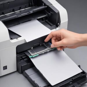 An illustration of a hand inserting a new maintenance box (waste ink pad) into the back of an Epson L3210 printer, with the printer's casing slightly open.