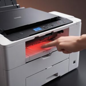 An illustration of a hand pointing at a red blinking light on a modern Epson L3210 printer, with a worried user in the background. The printer shows ink tanks clearly.