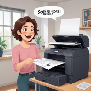 An illustration of a happy person successfully printing documents after fixing their Epson printer, with a speech bubble saying