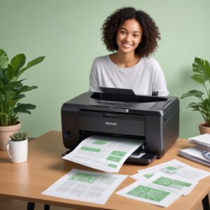 An illustration of a happy user successfully printing documents from their Epson L3210 printer, which now has a steady green power light. Paper is coming out smoothly.