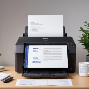 An illustration of a laptop screen displaying Epson printer utility settings, with a clean Epson L3210 printer next to it, showing a pristine printed document.
