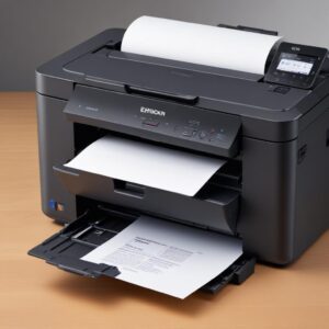 An illustration of a modern Epson EcoTank printer with its ink tanks visible, showing a sheet of paper being fed through its auto duplex mechanism, highlighting efficiency and paper saving.