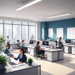 An illustration of a modern office space with happy employees working efficiently, and a sleek printer being used in the background, symbolizing seamless operations.