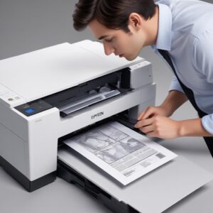 An illustration of a person carefully checking the scanner area of an Epson L3210 printer, looking for obstructions, with a magnifying glass. The printer is shown with its top cover open.