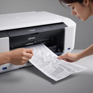 An illustration of a person carefully pulling a crumpled piece of paper out of an Epson L3210 printer, with a blinking paper jam light visible. The person has a focused but calm expression.