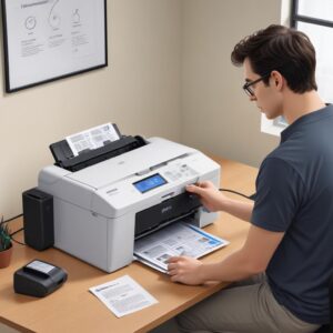 An illustration of a person checking power cables connected to a Printer Epson L3210, with a question mark above the printer. The setting is a home office desk.