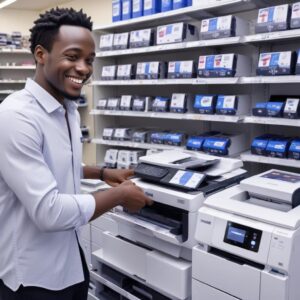An illustration of a person confidently choosing an Epson EcoTank printer in a modern electronics store in Harare, Zimbabwe, with various printer models displayed and price tags. The person is smiling, indicating satisfaction with finding a quick solution.