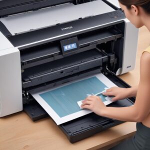 An illustration of a person confidently cleaning an encoder strip inside an Epson L3210 printer, showing attention to detail. The printer is open, revealing its internal mechanisms.