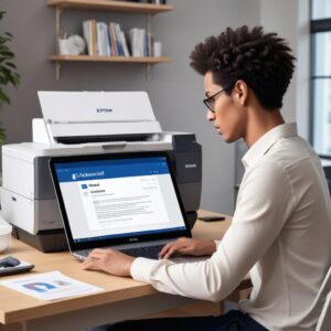 An illustration of a person confidently downloading software on a laptop, with an Epson L3210 printer in the background, showing a