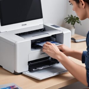 An illustration of a person confidently installing a printer driver on a MacBook, with the Epson L3210 printer visible next to the laptop, emitting a small light indicating successful connection.