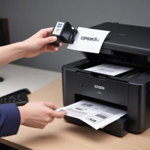 An illustration of a person confidently pouring ink into the ink tank of an Epson L3210 printer, with a computer screen in the background showing a