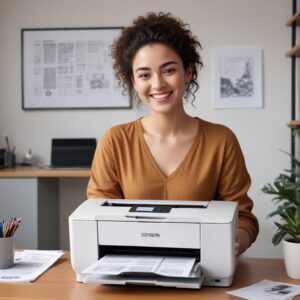 An illustration of a person confidently using a perfectly working Epson L3210 printer, printing documents with a happy expression. The background shows a modern home office setup.