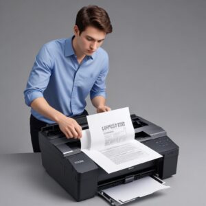 An illustration of a person gently pulling a jammed paper from an open Epson L3210 printer, with a
