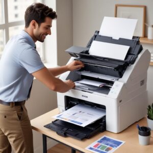 An illustration of a person happily installing a printer driver on a laptop, with an Epson L3210 printer connected and powered on. The scene should convey ease and success.