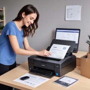 An illustration of a person happily installing a printer driver on a laptop, with an Epson L3210 printer in the background connected by a USB cable. The laptop screen shows a successful installation message. The scene is bright and optimistic.