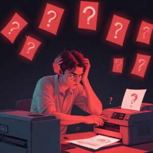An illustration of a person looking frustrated at a printer with a red light blinking, with question marks around their head.