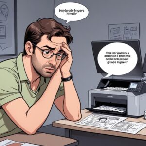 An illustration of a person looking frustrated at a printer with an error message, with thought bubbles showing
