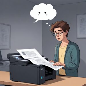 An illustration of a person looking frustrated at a printer that shows an error light, with a thought bubble above their head displaying a document being scanned. The printer is an Epson L3210.
