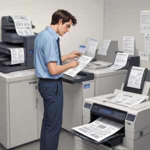 An illustration of a person looking frustrated at a printer with a computer screen showing a