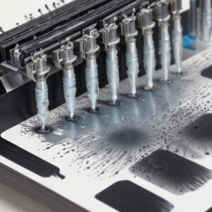 An illustration of a print head with visible nozzles, showing some clogged nozzles and some clear ones, representing the problem of dried ink causing lines.