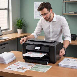 An illustration of a satisfied user looking at their Epson L3210 printer, which now has a green or no indicator light, having successfully fixed the red light issue, with a stack of printed documents beside it.